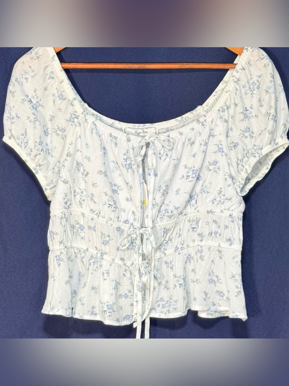 NWT Hippie Rose Blue Floral Tie-Front Babydoll Top Puff Sleeve Medium